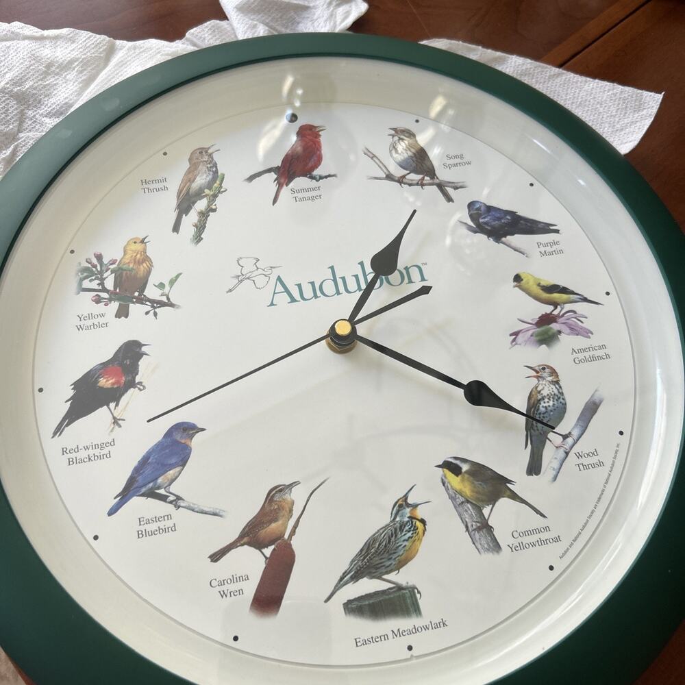 VTG Audubon Bird Clock Singing Sounds National Society 13 1/4" Wall Green WORKS! - Picture 12 of 12